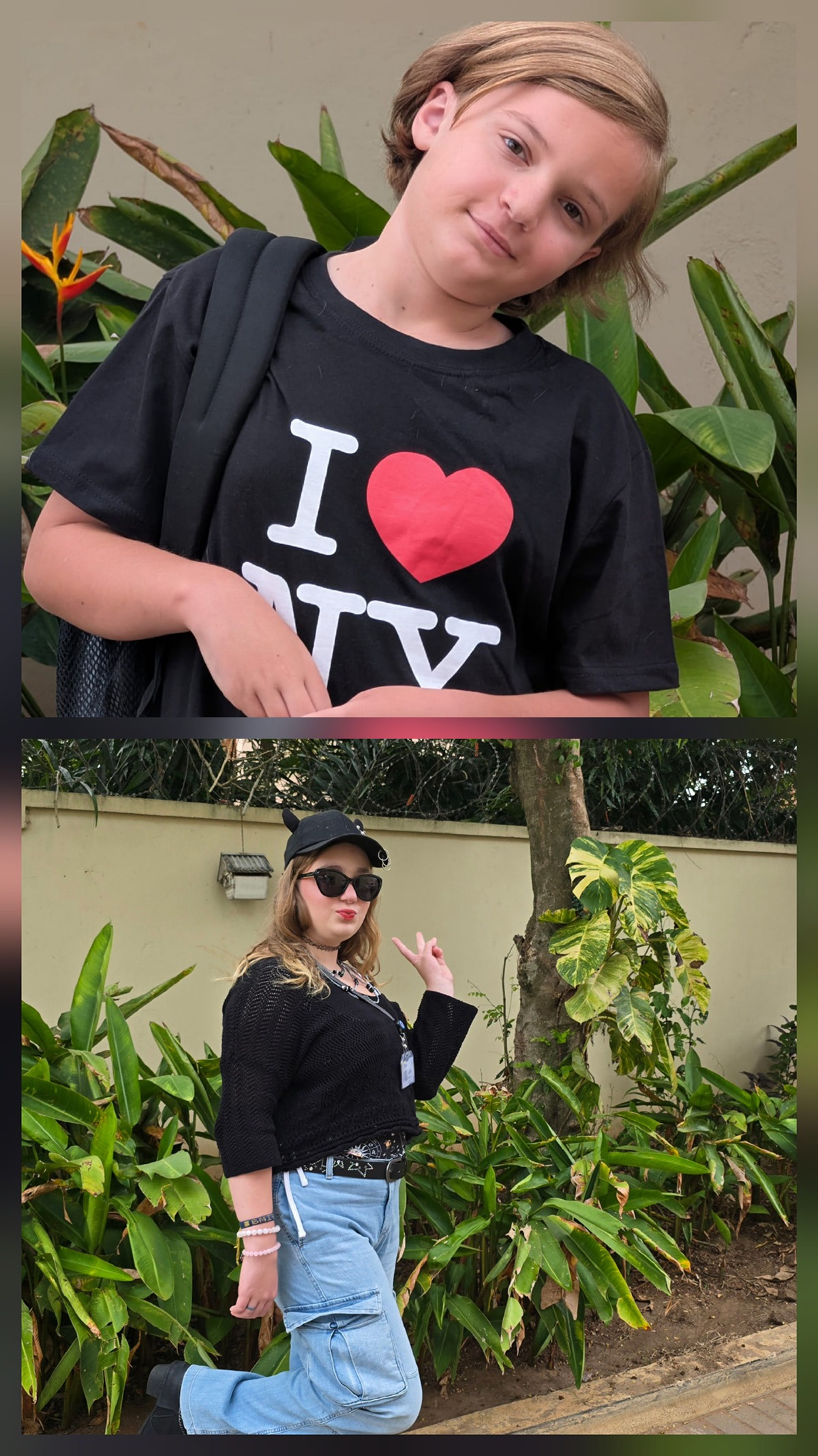 A child in a black shirt stands in front of lush green plants, while a stylish young woman poses nearby in a black top and sunglasses.